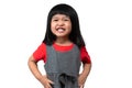 Portrait of happy and funny Asian child girl on white background, a child looking at camera hand gesture. Preschool kid dreaming Royalty Free Stock Photo