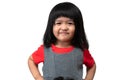 Portrait of happy and funny Asian child girl on white background, a child looking at camera hand gesture. Preschool kid dreaming Royalty Free Stock Photo