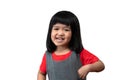 Portrait of happy and funny Asian child girl on white background, a child looking at camera hand gesture. Preschool kid dreaming Royalty Free Stock Photo