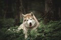Portrait of happy and funny dog breed siberian husky lying in the green forest Royalty Free Stock Photo