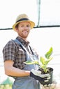 Portrait of happy gardener holding potted plant at greenhouse Royalty Free Stock Photo