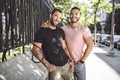 A Portrait of a happy gay couple outdoors in urban background Royalty Free Stock Photo