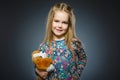 Portrait of happy girl playing with Toy dog isolated on gray Royalty Free Stock Photo