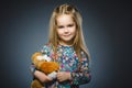 Portrait of happy girl playing with Toy dog isolated on gray Royalty Free Stock Photo