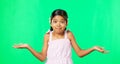 Portrait, happy and a girl shrugging on a green screen background in studio to gesture doubt or whatever. Smile