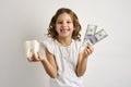 Portrait of happy girl with white teeth and dollar bills Royalty Free Stock Photo