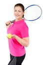 Portrait of a happy girl who loves to play tennis on a white Royalty Free Stock Photo