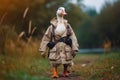 portrait of happy goose wearing travel clothes created with Generative AI technology Royalty Free Stock Photo