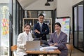 Portrait happy group of Asian business people meeting for start up project with colleagues look at camera and smile. Royalty Free Stock Photo