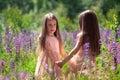 Portrait of happy identical twin sisters with long hair dancing together in beautiful dresses at sunny nature in grass and flowers Royalty Free Stock Photo