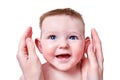 Portrait of a happy infant baby and mom hand, isolated on a white bac Royalty Free Stock Photo