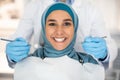 Portrait Of Happy Islamic Lady In Hijab Having Check Up With Dentist