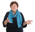 Portrait of a happy isolated female senior talking with her hand