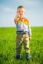 Portrait of happy joyful beautiful little boy outdoor at countryside. Pointing concept.