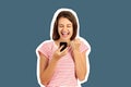 Portrait of a happy joyful girl holding mobile phone and celebrating a win. emotional girl Magazine collage style with trendy Royalty Free Stock Photo