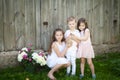 Portrait of happy kids with adorable rabbit