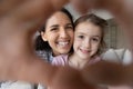 Portrait of happy Latin mom and daughter make selfie Royalty Free Stock Photo
