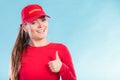 Portrait of happy lifeguard woman in red cap. Royalty Free Stock Photo