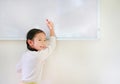 Portrait of happy little Asian child girl or Schoolgirl writing something on whiteboard with a marker and looking at camera in the