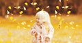 Portrait of happy little child having fun playing with flying yellow leaves in autumn day