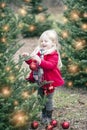 Portrait of happy little girl hanging baubles on tree at farm Royalty Free Stock Photo