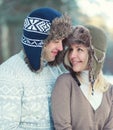 Portrait happy lovers young couple together in winter Royalty Free Stock Photo