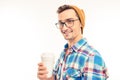 Portrait of a happy man with glasses cocktail and hat