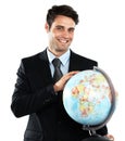 Portrait of happy man holding globe, business and in international sustainability industry isolated on white background Royalty Free Stock Photo