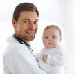 Portrait of happy man, pediatrician and baby for medical assessment, growth support and healthcare of children. Newborn