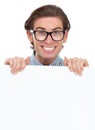 Portrait, happy and man with poster for mockup in studio isolated on a white background. Board, glasses and funny male