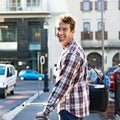 Portrait, happy man and push bicycle in street to travel on eco friendly transport outdoor, commute or walk. Cycling Royalty Free Stock Photo