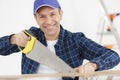 portrait happy man sawing wood Royalty Free Stock Photo