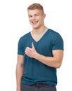 Portrait, happy and man with thumbs up in studio for feedback, vote or agreement on white background. Face, smile and Royalty Free Stock Photo