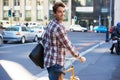 Portrait, happy man and travel on bicycle in city on eco friendly transport outdoor, commute and walking. Cycling Royalty Free Stock Photo