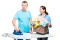 Portrait of a happy married couple while ironing clothes isolate Royalty Free Stock Photo