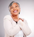 Portrait, happy and a mature business woman laughing in studio on a gray background for executive or growth. Comic