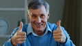 Portrait of happy mature elderly man showing two thumbs up smiling pensioner looking at camera demonstrate affirmative Royalty Free Stock Photo