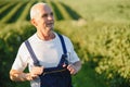 Portrait happy mature older man is smiling. Old senior farmer with white beard. Elderly man standing and looking at camera at Royalty Free Stock Photo