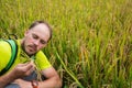 Portrait happy mature older man is smiling. Old senior farmer with white beard thumb up feeling confident. Elderly asian Royalty Free Stock Photo