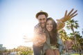 Happy man holding his girlfriend hands laughing Royalty Free Stock Photo