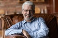 Portrait of happy middle aged man relaxing on comfortable sofa. Royalty Free Stock Photo