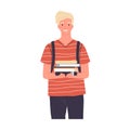 Portrait of happy modern student holding pile of books from library. Smiling Scandinavian man. Colored flat vector