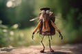 portrait of happy mosquito wearing travel clothes on vacation created with Generative AI technology