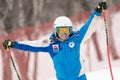 Portrait happy mountain skier Popova Ekaterina during International Ski Federation Championship, Russian Women Alpine