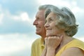 Portrait of a happy old couple against blue cloudy sky background Royalty Free Stock Photo