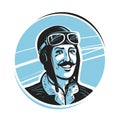 Portrait of happy pilot in cap. Aviator, airman label or logo. Mascot vector illustration