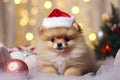 Portrait of happy Pomeranian in a red Santa hat. Cute dog on New Year\'s background. Close-up.