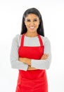 Portrait of a happy proud beautiful latin woman wearing a red apron learning to cook making thumb up gesture in cooking classes sm
