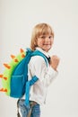 Portrait of happy schoolboy with books and apple isolated on white background. Education, isolated. Royalty Free Stock Photo