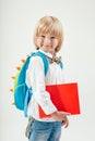 Portrait of happy schoolboy with books and apple isolated on white background. Education, isolated. Royalty Free Stock Photo